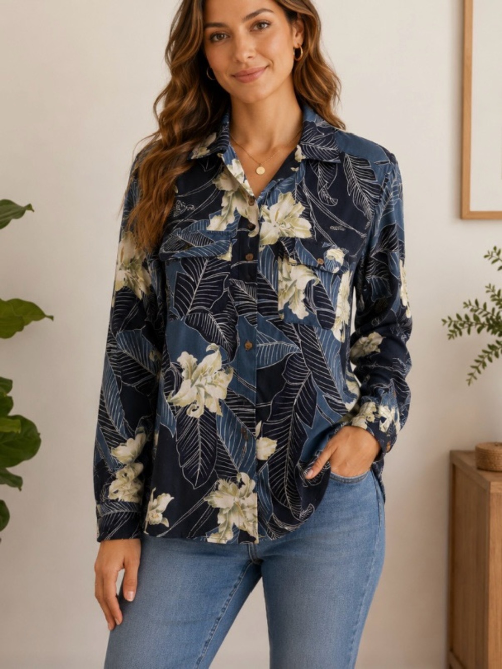 Tommy Bahama Navy Floral Button-Down Shirt with Cream Blooms